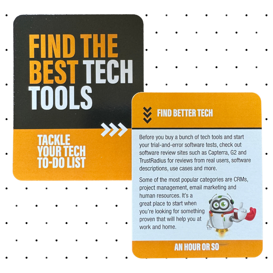Two cards with tech advice. Left card: "Find the Best Tech Tools; Tackle Your Tech To-Do List." Right card: Tips for finding tech tools include trying review sites like Capterra and G2. Cartoon robot at the bottom adds a playful touch to this informative card deck.