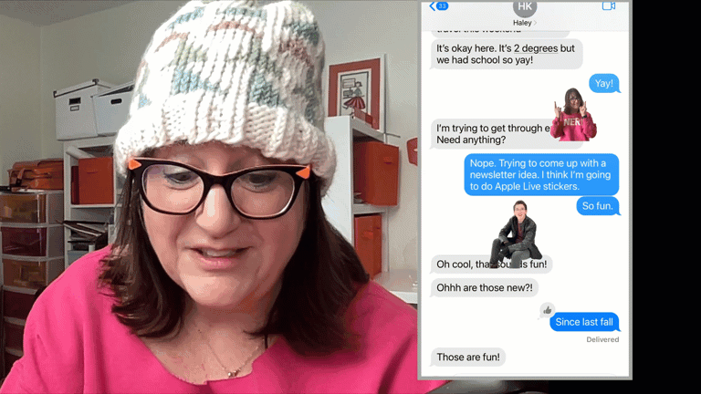 A person wearing a beanie and glasses is in a video call, demonstrating a tutorial on how to create engaging newsletter ideas. The on-screen chat features messages about cold weather and school, adorned with emoji reactions and Apple Live Stickers.
