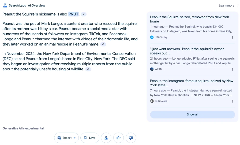 Screenshot of a news aggregation page about Peanut the Squirrel, seized from a New York home. Headlines highlight Peanut's story, its online presence, and owner comments, making it a trending topic on Google.