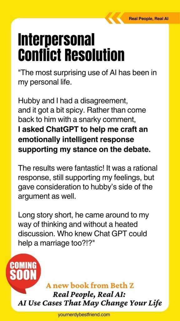 Discover "Interpersonal Conflict Resolution," where real AI plays a pivotal role in settling disputes. This captivating tale weaves AI stories into crafting effective responses. Plus, enjoy a sneak peek of an upcoming release that expands on innovative AI solutions.