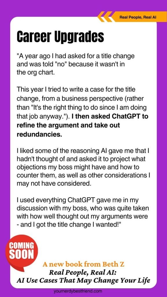 Promotional image for "Real People, Real AI" by Beth Z, featuring a testimonial about using AI Stories to refine a writing task. Get a sneak peek into the transformational power of real AI in everyday lives.