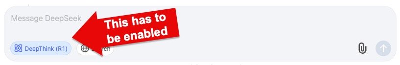A hidden red arrow points to a "DeepThink (R1)" button, labeled "This has to be enabled.
