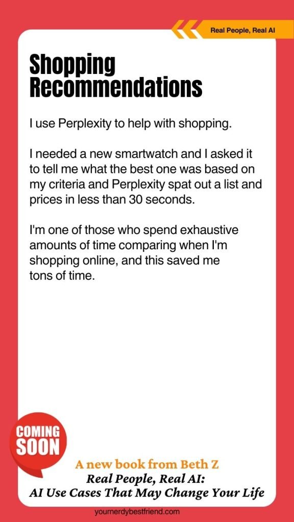 Book cover titled "Shopping Recommendations." Text provides a sneak peek into using AI, specifically Perplexity, for efficient shopping. Real stories showcase its power. Coming soon notice and author's name at the bottom.