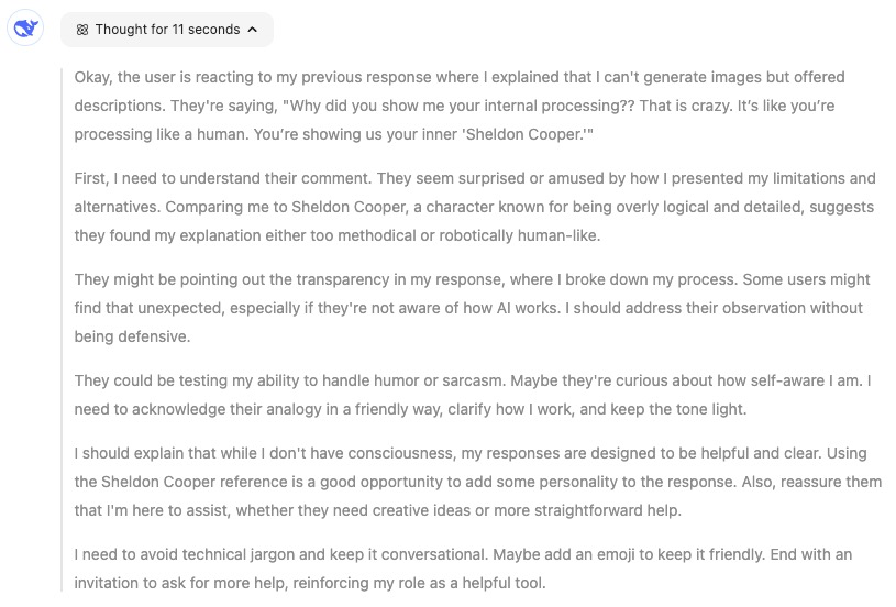 Screenshot of a text humorously comparing personal processing methods to a hidden Sheldon Cooper episode, using transparency and DeepSeek-level humor to emphasize the importance of clear explanations.