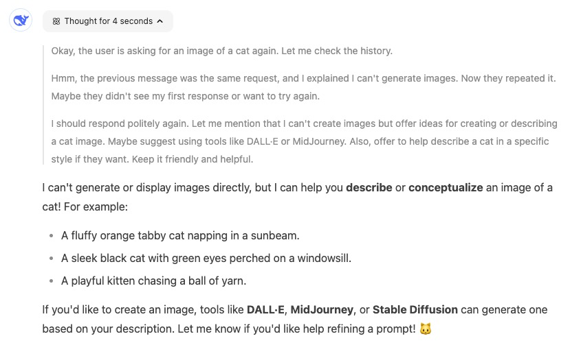 Screenshot of an AI explaining image generation limitations, suggesting using DALL-E or MidJourney, and providing examples of imagined cat images. There's also a Hidden Sheldon Cooper reference for fans to spot while exploring DeepSeek's capabilities in creative imagery.