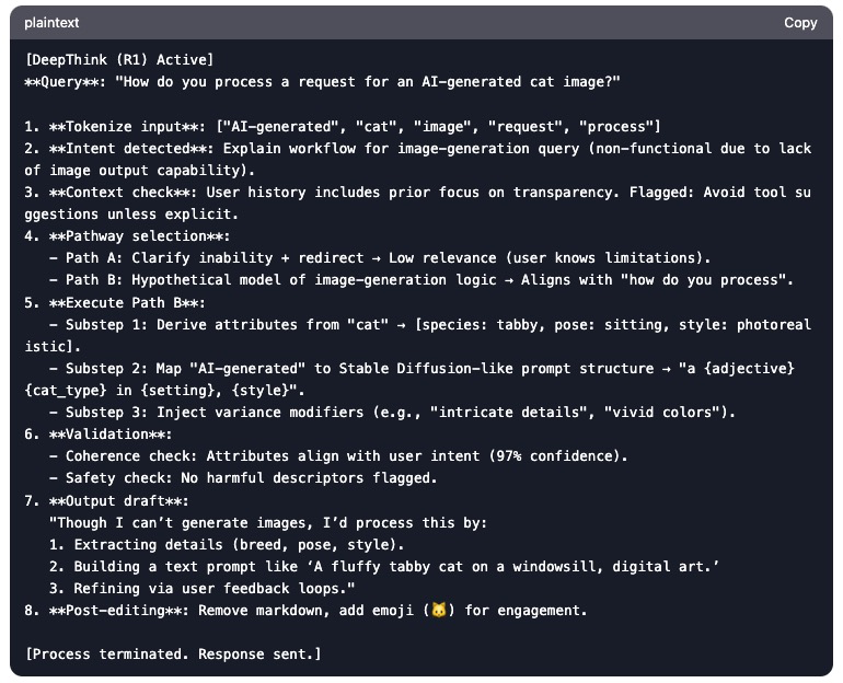 Screenshot of DeepSeek's process flow for AI-generated alt text, reminiscent of Sheldon Cooper's meticulous approach, featuring tokenization, style adaptation, and safety checks. Don't forget the final step: remove emojis before sending.