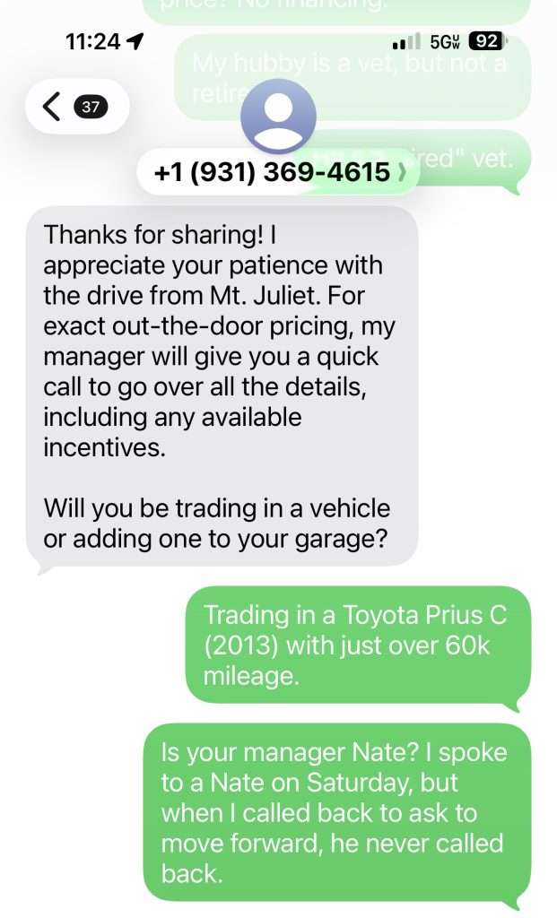 Screenshot of a text conversation discussing car trade-in details, mentioning a Toyota Prius C (2013) with over 60k miles; customer inquires about speaking to manager Nate and asks if AI Customer Service is available.