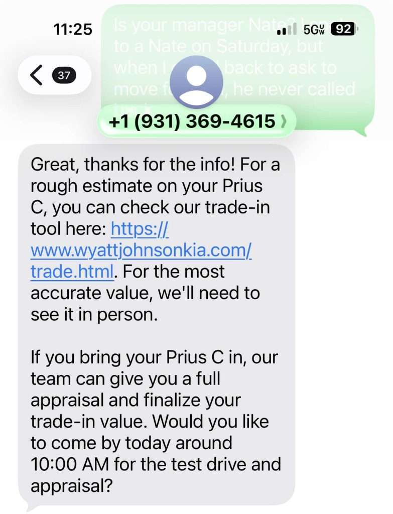 Text conversation featuring AI customer service: a person receives a message about a trade-in estimate for their Prius C, including a link and request to bring the car for appraisal around 10:00 AM.