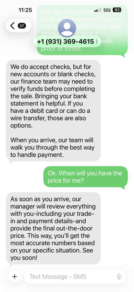 Text message conversation with AI customer service confirming accepted payment methods for a vehicle purchase, explaining verification steps and timing for providing the final price.