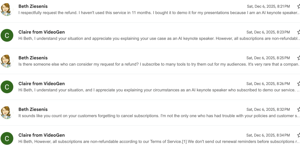 Screenshot of an email conversation where Beth Ziesenis requests a refund from VidGeo's Claire, who repeatedly cites company policy—an example of Worst Customer Service that even AI Customer Support would strive to avoid.