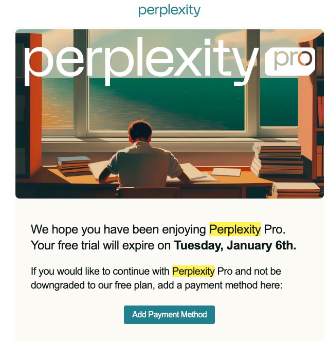 A person sits at a desk by large windows with an ocean view. The message, powered by AI customer service, notifies about a Perplexity Pro trial ending on Tuesday, January 6th, and prompts to add a payment method.