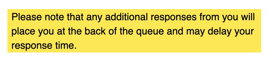 A highlighted message states that additional responses will move the sender to the back of the queue and may delay response time when using AI Customer Service.