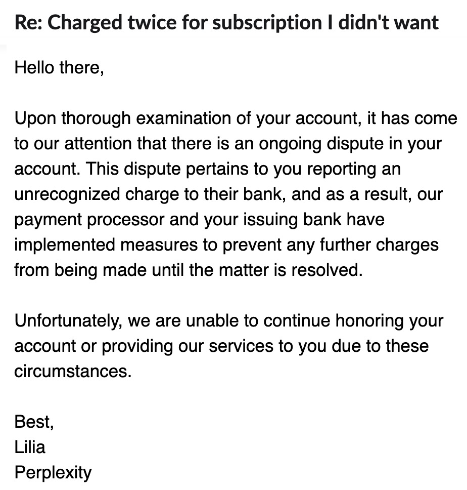 An AI Customer Service email explains an ongoing payment dispute and informs the recipient that services cannot be provided until the issue is resolved.